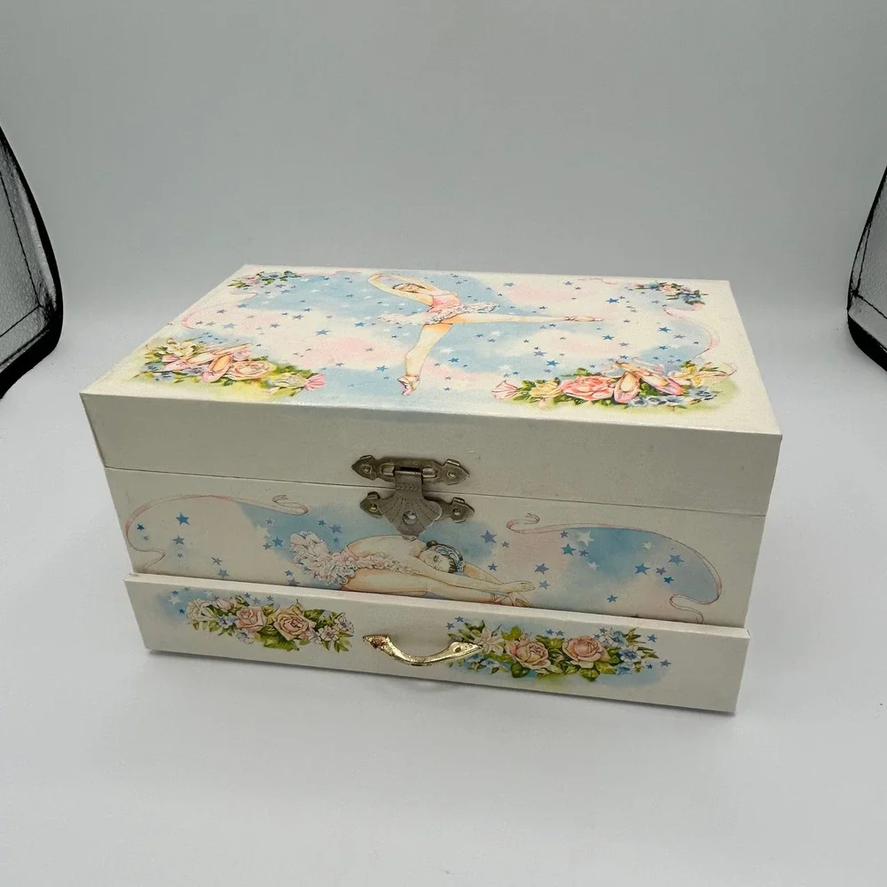 Vintage 1986 Lillian Vernon Ballerina Musical Jewelry Box Pink White Stars 8in